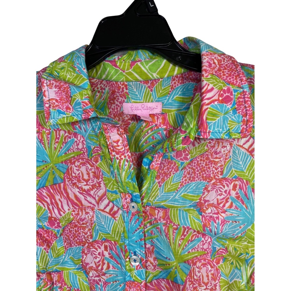 Lilly Pulitzer Button Down Shirt Women Size 6 Pink Blue Tiger Leopard Excellent